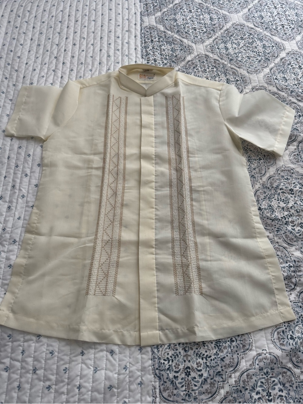 Cream Men's Barong-Style Shirt with Embroidered Front